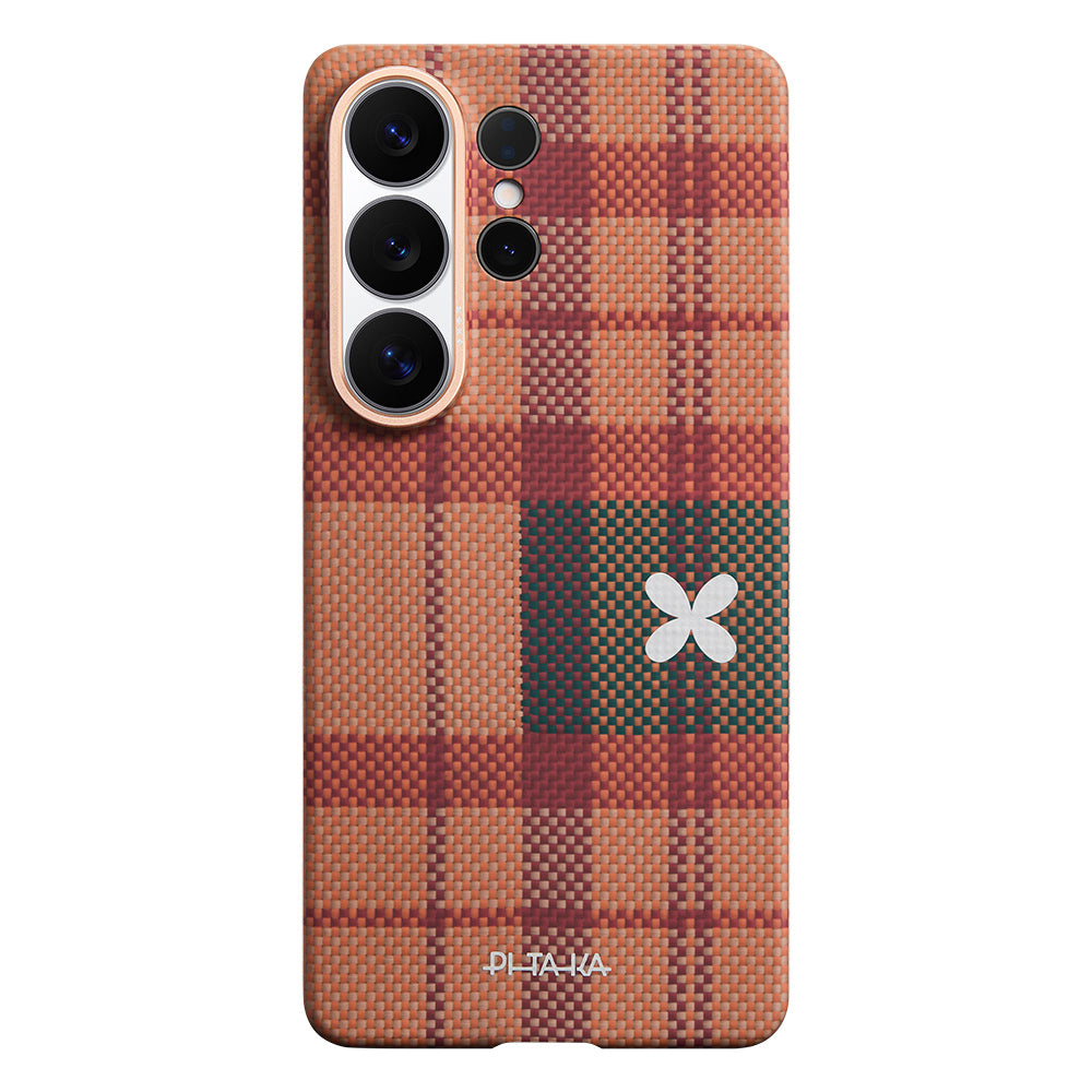 __vg|Kahverengi|0|741654369661-01|Galaxy S26 Ultra Kılıf M-safe Şarj Özellikli Aramid Karbon Fiber Pitaka Flora in Grid Serisi Kapak
