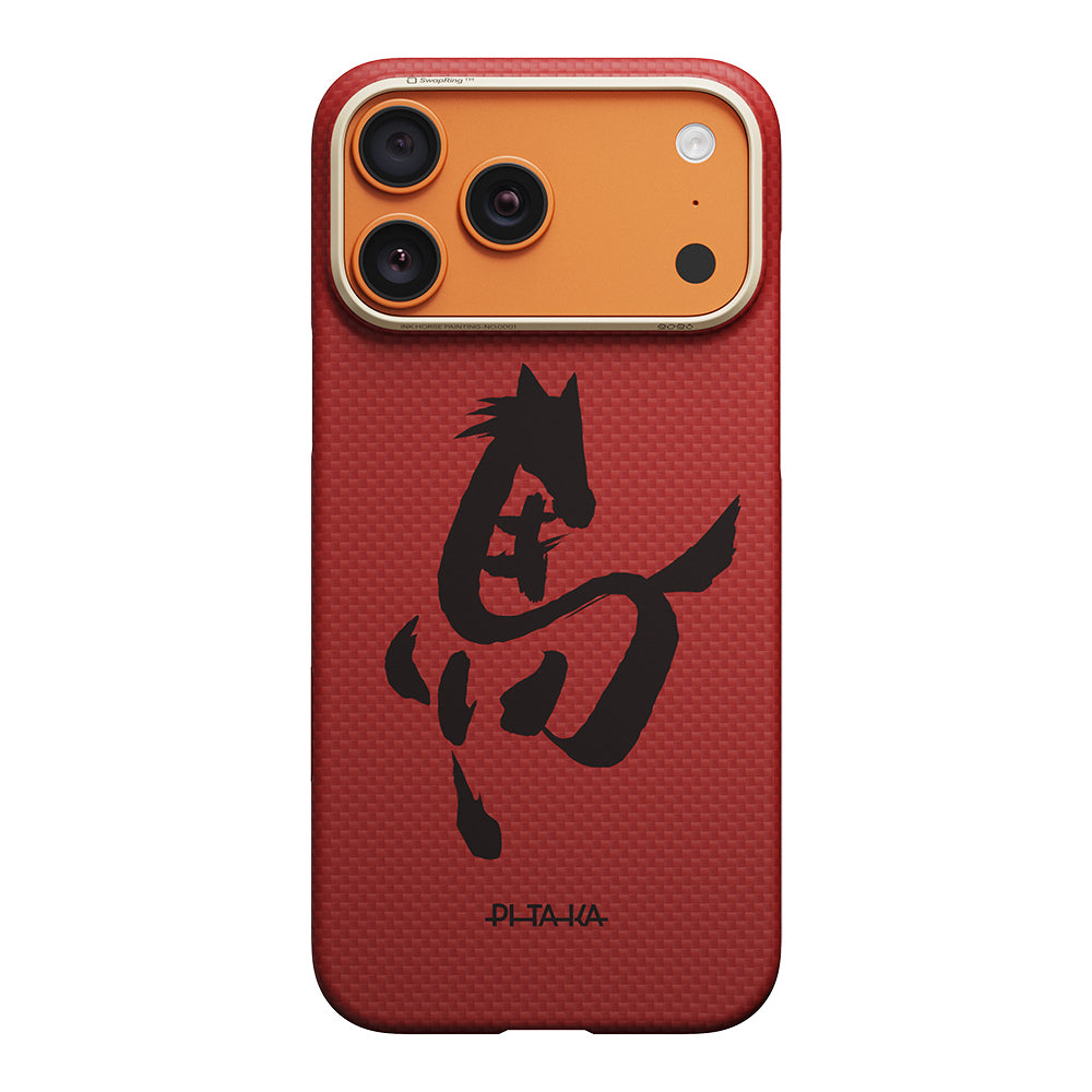 __vg|Kırmızı|0|741654370131-01|Apple iPhone 17 Pro Max Kılıf M-safe Şarj Özellikli Aramid Karbon Fiber Pitaka Horse Painting Serisi Kapak