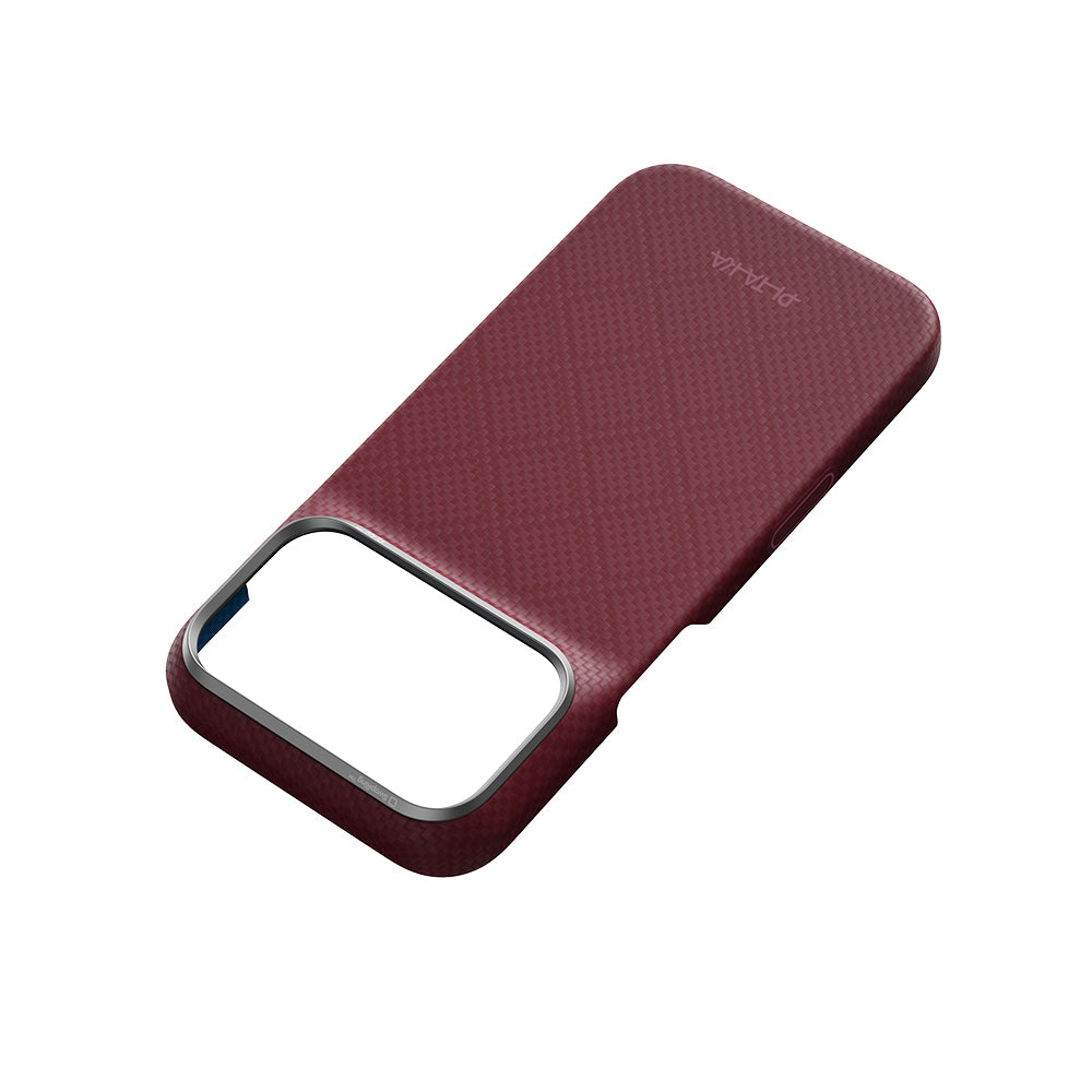 Apple iPhone 18 Pro Kılıf MagSafe Şarj Özellikli Aramid Karbon Fiber Pitaka Argyle Serisi Kapak - Bordo