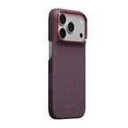 Apple iPhone 18 Pro Kılıf MagSafe Şarj Özellikli Aramid Karbon Fiber Pitaka Argyle Serisi Kapak - Mavi-Kırmızı