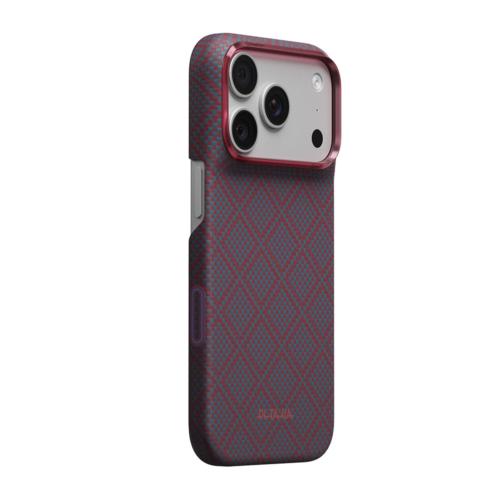 Apple iPhone 18 Pro Kılıf MagSafe Şarj Özellikli Aramid Karbon Fiber Pitaka Argyle Serisi Kapak - Mavi-Kırmızı