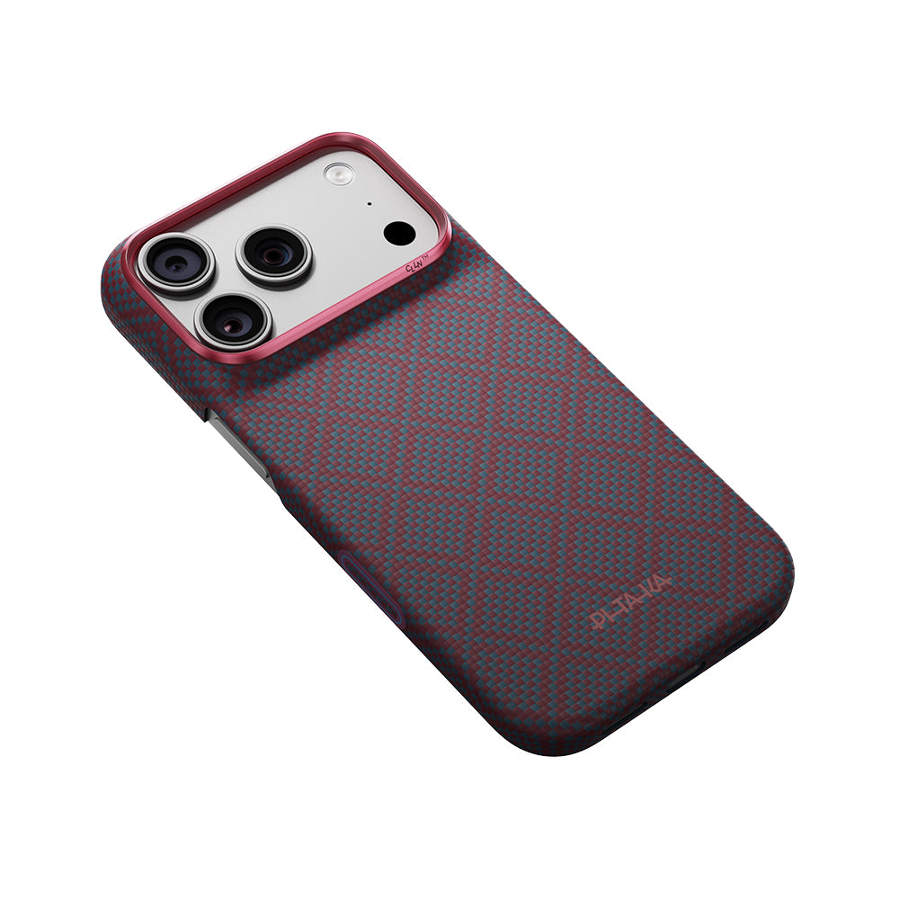 Apple iPhone 18 Pro Kılıf MagSafe Şarj Özellikli Aramid Karbon Fiber Pitaka Argyle Serisi Kapak - Mavi-Kırmızı