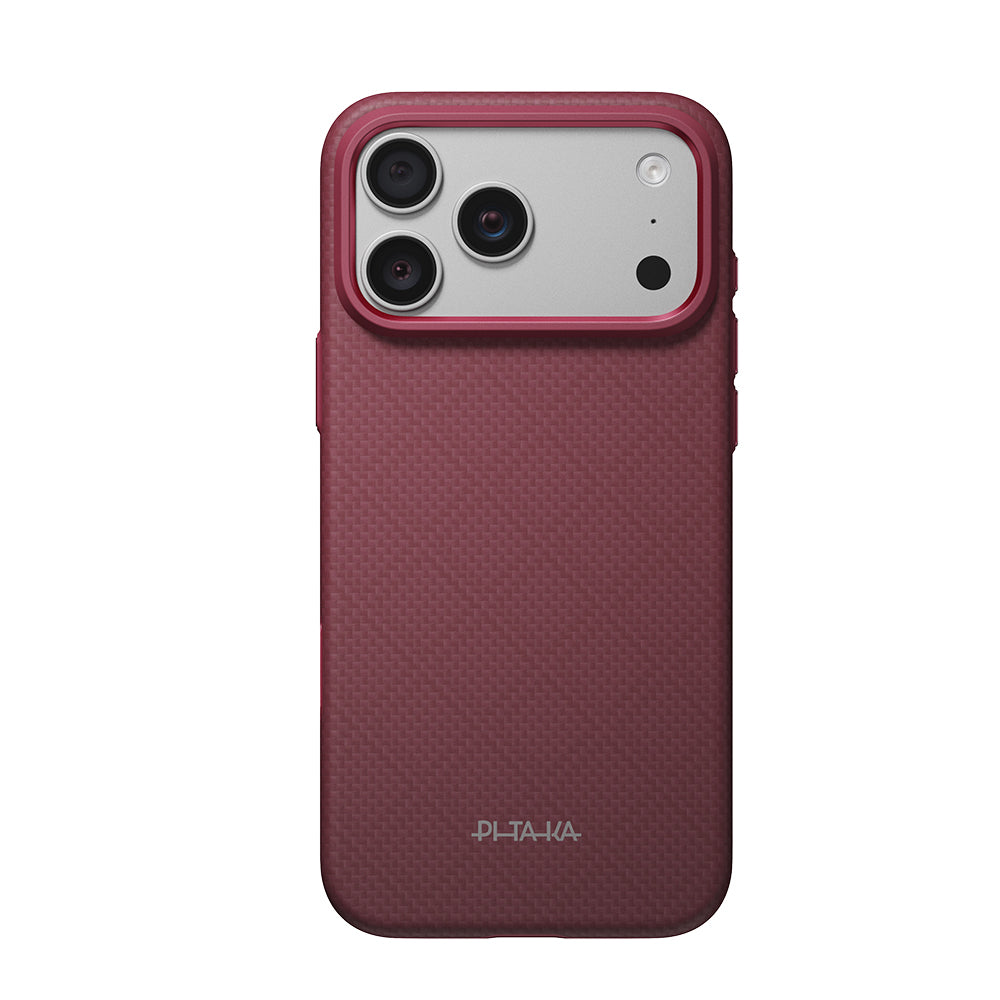 Apple iPhone 18 Pro Kılıf MagSafe Şarj Özellikli Aramid Karbon Fiber Pitaka Argyle Serisi Summa Kapak - Bordo