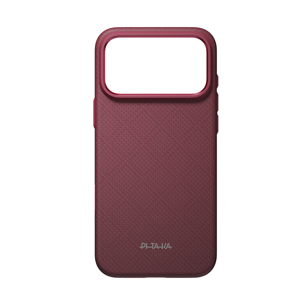 Apple iPhone 18 Pro Kılıf MagSafe Şarj Özellikli Aramid Karbon Fiber Pitaka Argyle Serisi Summa Kapak - Bordo
