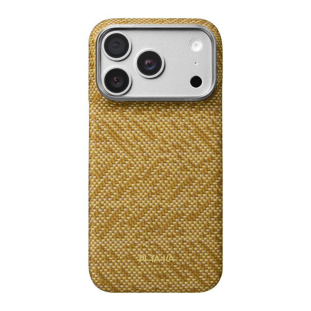 Apple iPhone 18 Pro Max Kılıf MagSafe Şarj Özellikli Aramid Karbon Fiber Pitaka Wind Over Wheat Serisi Kapak - Gold