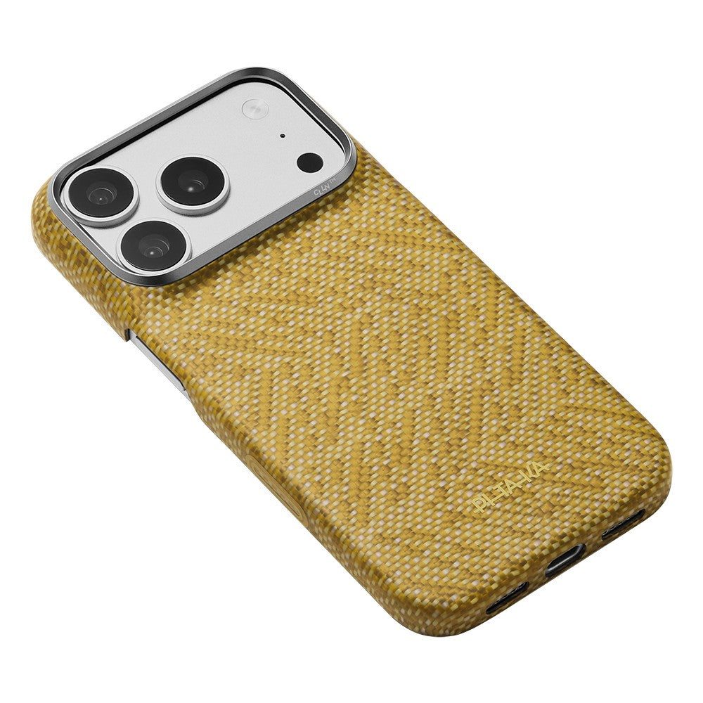 Apple iPhone 18 Pro Max Kılıf MagSafe Şarj Özellikli Aramid Karbon Fiber Pitaka Wind Over Wheat Serisi Kapak - Gold