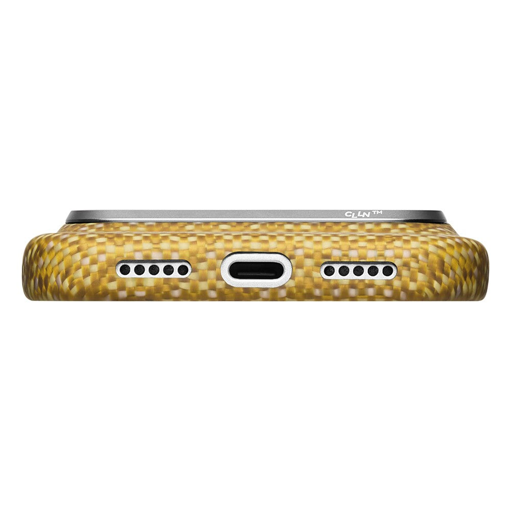 Apple iPhone 18 Pro Max Kılıf MagSafe Şarj Özellikli Aramid Karbon Fiber Pitaka Wind Over Wheat Serisi Kapak - Gold