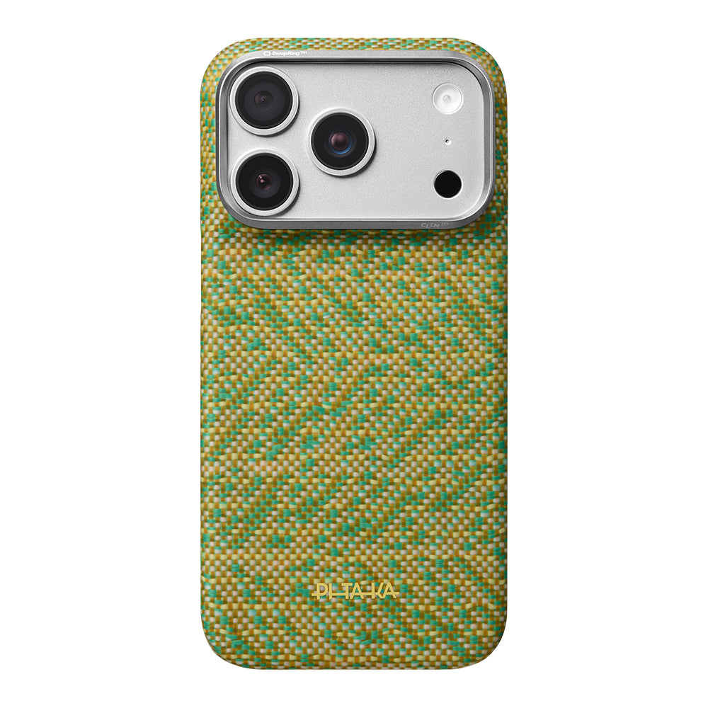 Apple iPhone 18 Pro Max Kılıf MagSafe Şarj Özellikli Aramid Karbon Fiber Pitaka Wind Over Wheat Serisi Kapak - Sarı-Yeşil