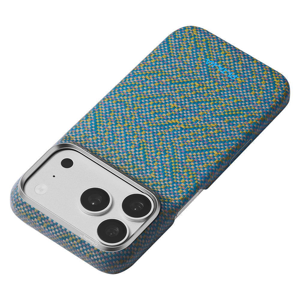 Apple iPhone 18 Pro Max Kılıf MagSafe Şarj Özellikli Aramid Karbon Fiber Pitaka Wind Over Wheat Serisi Kapak - Mavi