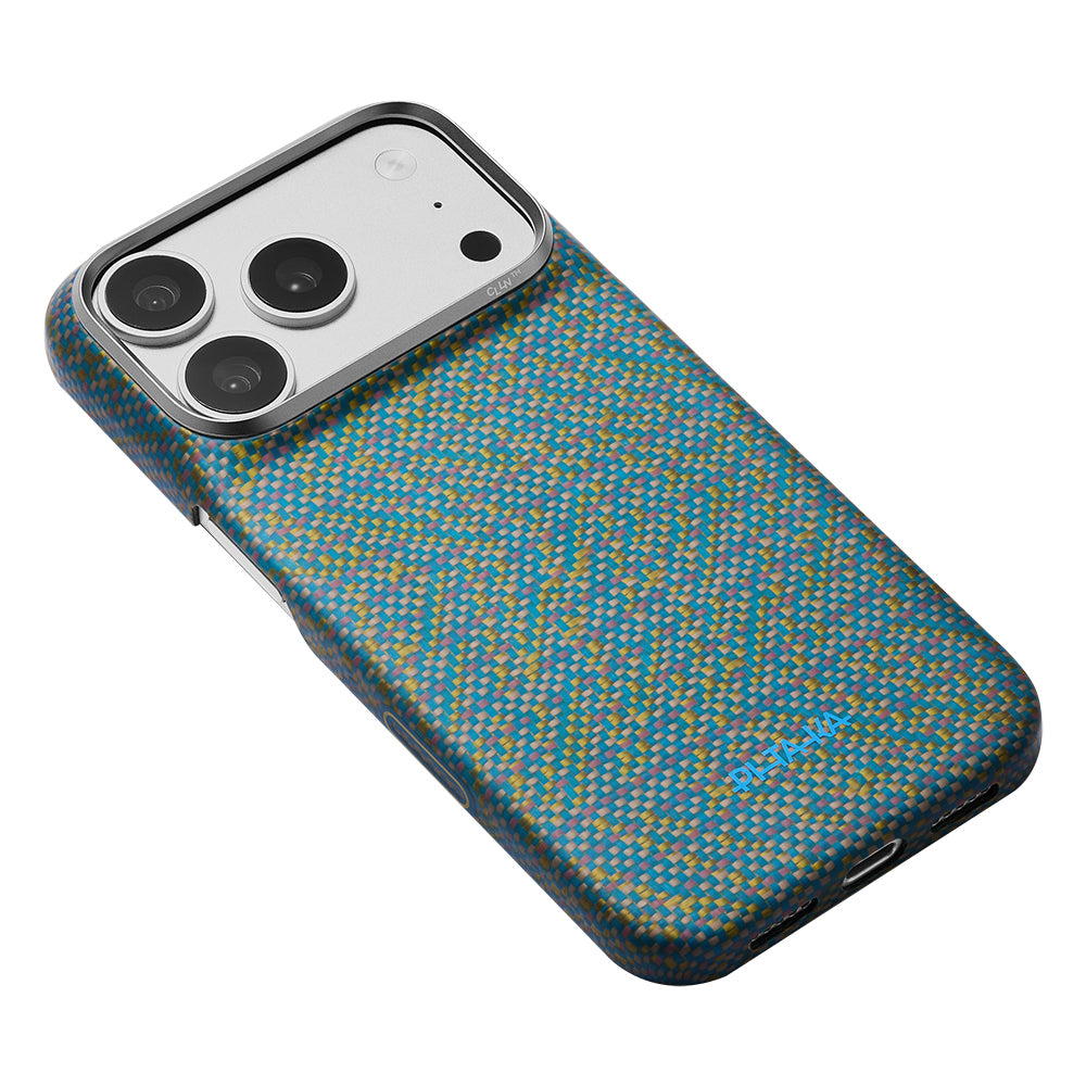 Apple iPhone 18 Pro Max Kılıf MagSafe Şarj Özellikli Aramid Karbon Fiber Pitaka Wind Over Wheat Serisi Kapak - Mavi