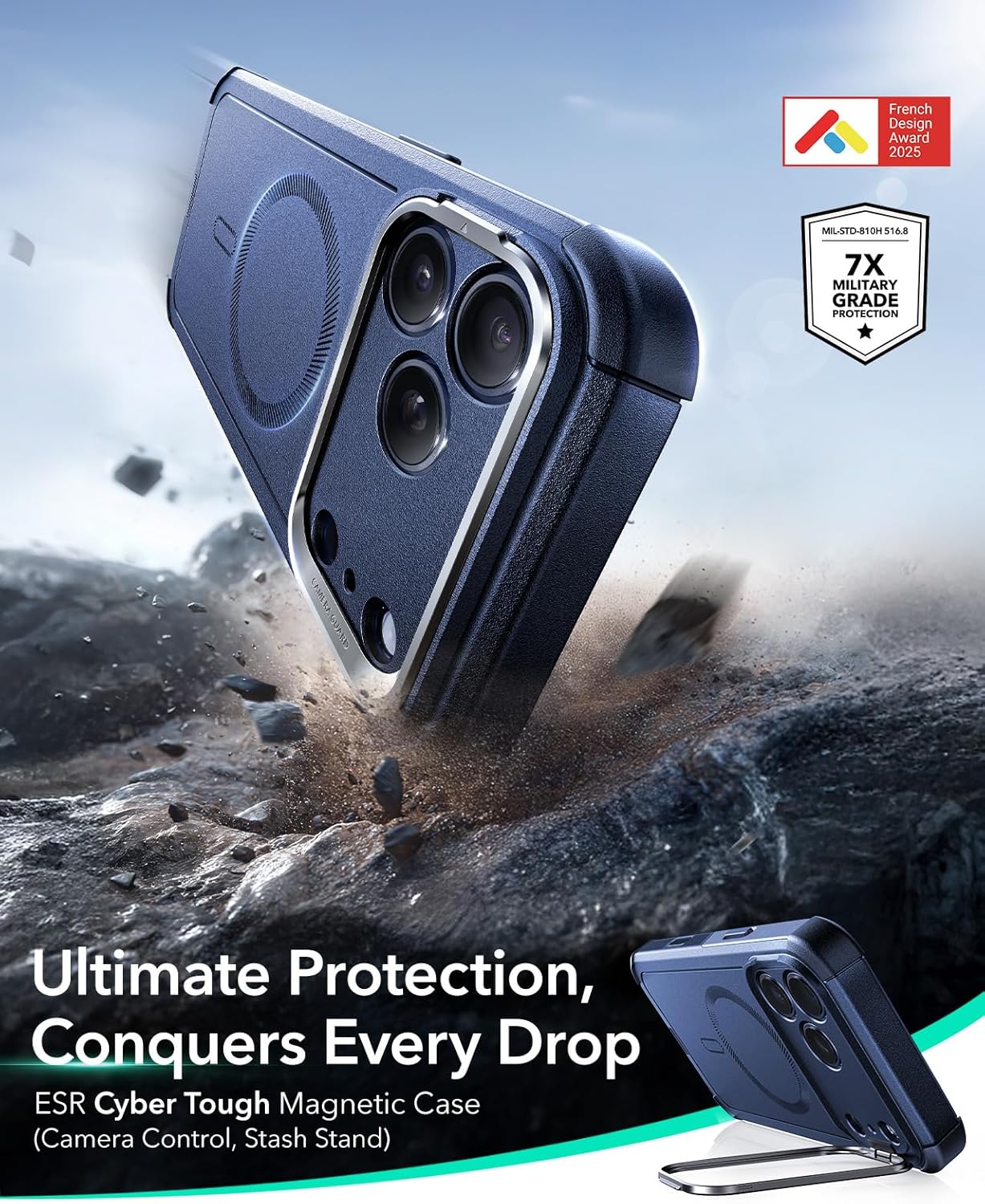 ESR iPhone 17 Pro Max için Stash Standlı Kılıf, Kamera Kontrollü 7X Askeri Sınıf Düşme Koruması, Darbe Emici Telefon Sağlam Kapak, MagSafe Aksesuarlarıyla Uyumlu, Siber Serisi, Mavi