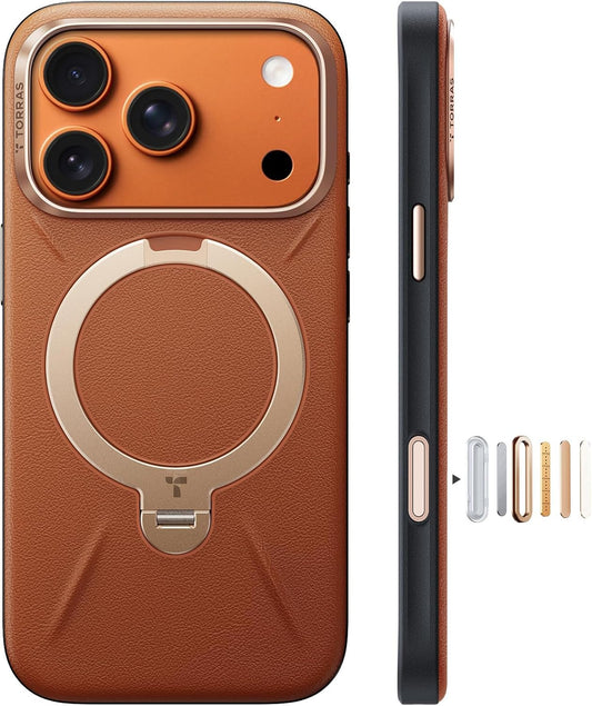 TORRAS 360° Ostand Q3 VegSkin iPhone 17 Pro Max için Magsafe ile Kılıf, 12FT Askeri Sınıf Koruyucu | 360° Tam Aralık Montaj iPhone 17 Pro Max kapak için Kamera Kontrollü ve Şık Kahverengi