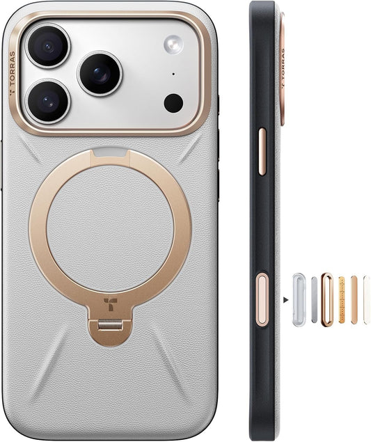 TORRAS iPhone 17 Pro için Organik Deri Standlı Kılıf, Magsafe için Uygun, Kamera Kontrollü 360 Döndürme Standı, iPhone 17 Pro Telefon Kılıfı için Premium Deri Dayanıklı Şık Q3 VegSkin Telefon Kılıfı