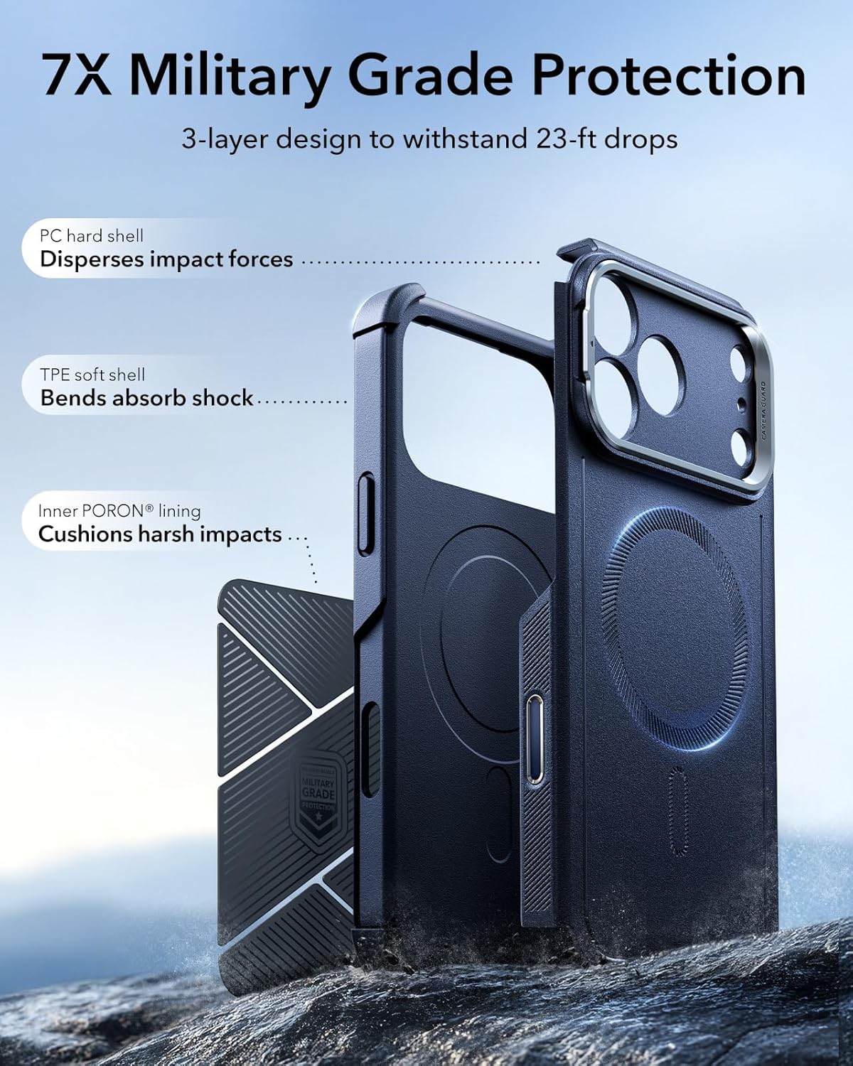 ESR iPhone 17 Pro Max için Stash Standlı Kılıf, Kamera Kontrollü 7X Askeri Sınıf Düşme Koruması, Darbe Emici Telefon Sağlam Kapak, MagSafe Aksesuarlarıyla Uyumlu, Siber Serisi, Mavi