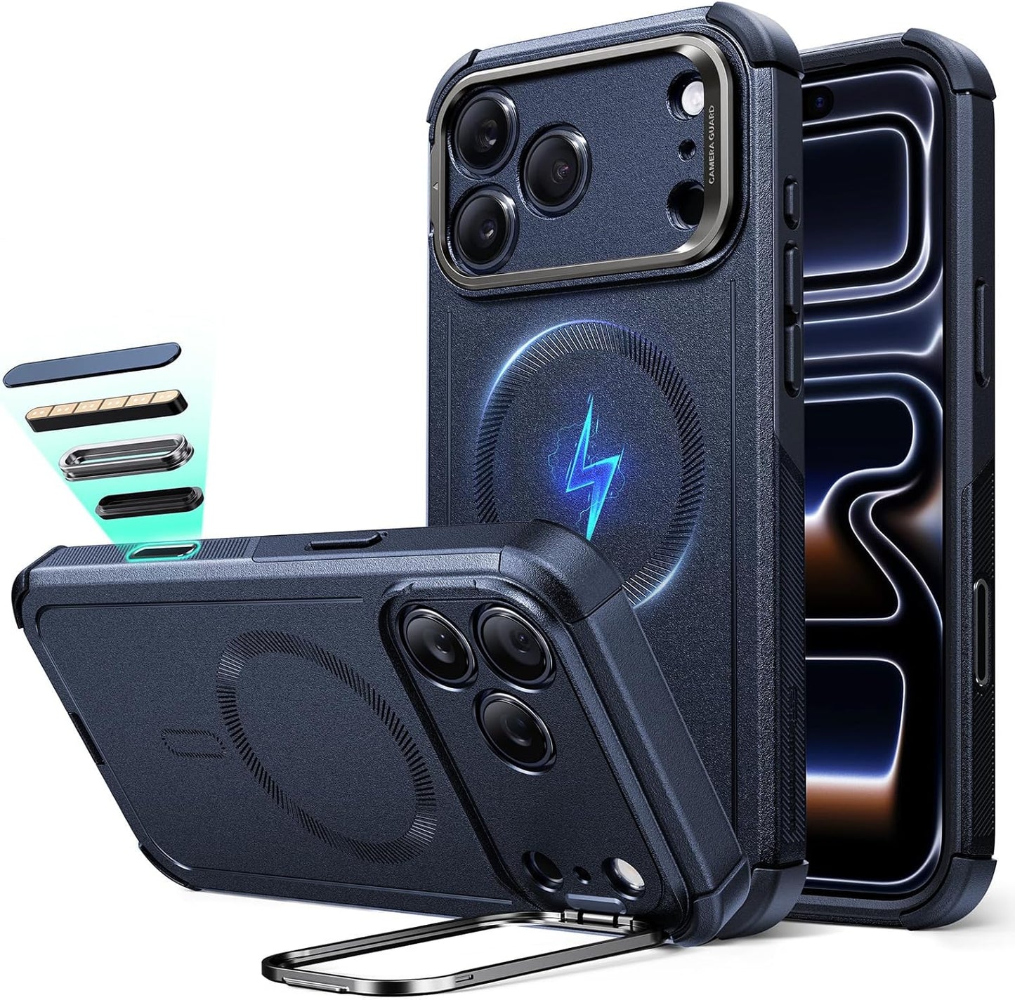 ESR iPhone 17 Pro Max için Stash Standlı Kılıf, Kamera Kontrollü 7X Askeri Sınıf Düşme Koruması, Darbe Emici Telefon Sağlam Kapak, MagSafe Aksesuarlarıyla Uyumlu, Siber Serisi, Mavi