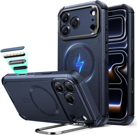 ESR iPhone 17 Pro Max için Stash Standlı Kılıf, Kamera Kontrollü 7X Askeri Sınıf Düşme Koruması, Darbe Emici Telefon Sağlam Kapak, MagSafe Aksesuarlarıyla Uyumlu, Siber Serisi, Mavi
