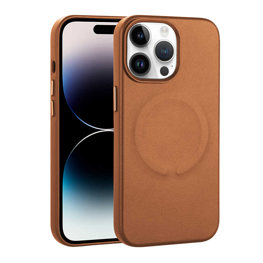 __vg|Kahverengi|0|8680436654613-01|Apple iPhone 14 Pro Max Kılıf PU Deri MagSafe Wireless Şarj Özellikli Gordonix Derix Kapak