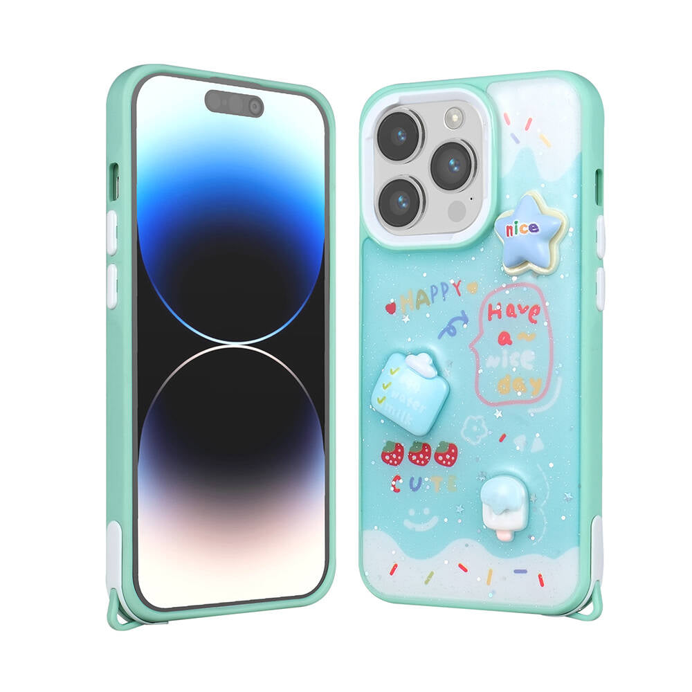 __vg|Yeşil|0|8680436756300-01|Apple iPhone 14 Pro Max Kılıf Parlayan Simli Kabartma Figürlü Gordonix Cevze Kapak