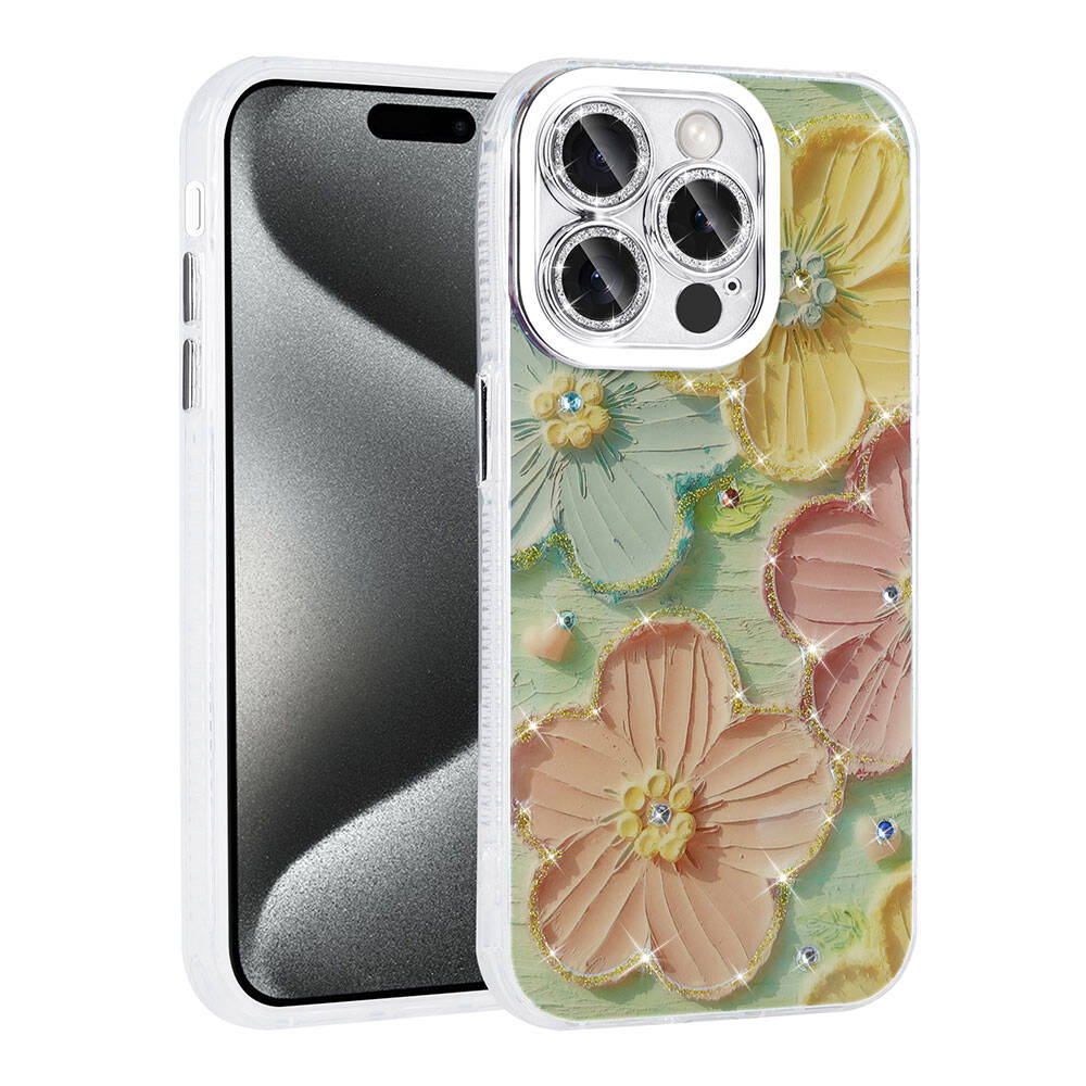 __vg|Colorful|0|8680436785324-01|Apple iPhone 14 Pro Max Kılıf Çiçek Desenli Parlak Taşlı Sert Silikon Gordonix Garden Kapak