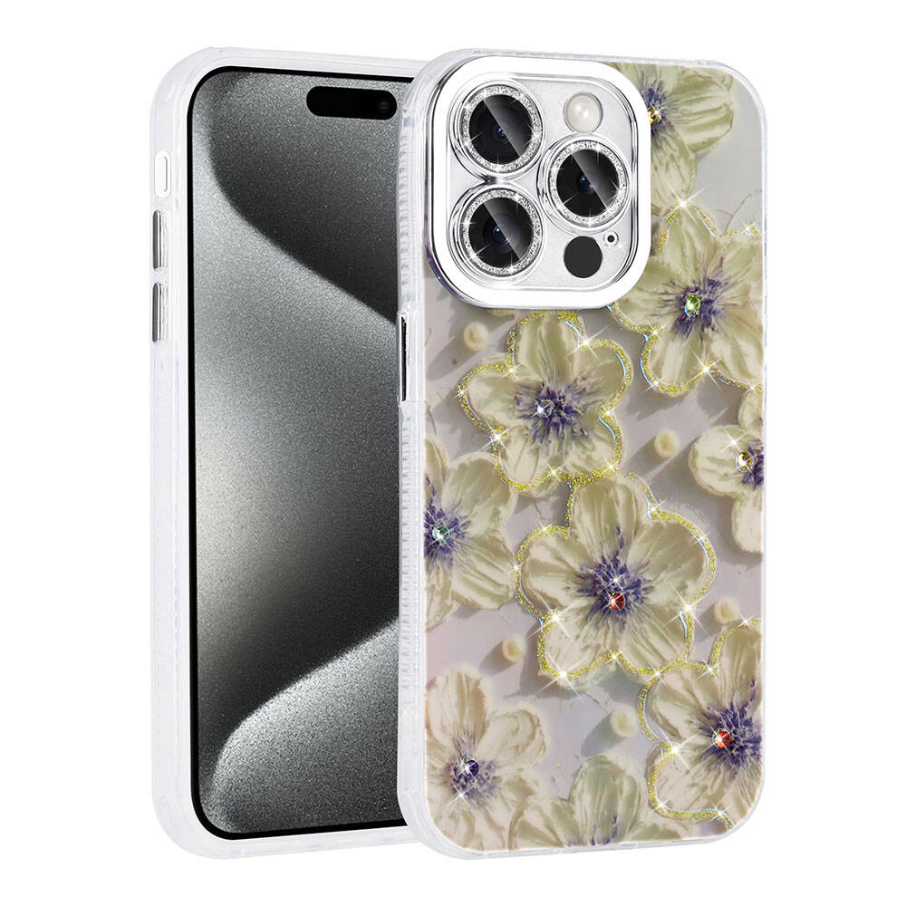 __vg|Mavi|0|8680436785331-01|Apple iPhone 14 Pro Max Kılıf Çiçek Desenli Parlak Taşlı Sert Silikon Gordonix Garden Kapak