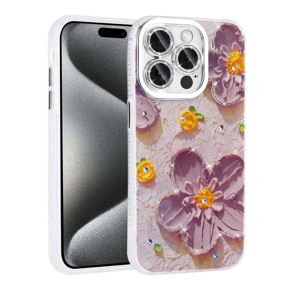 __vg|Mor|0|8680436785348-01|Apple iPhone 14 Pro Max Kılıf Çiçek Desenli Parlak Taşlı Sert Silikon Gordonix Garden Kapak