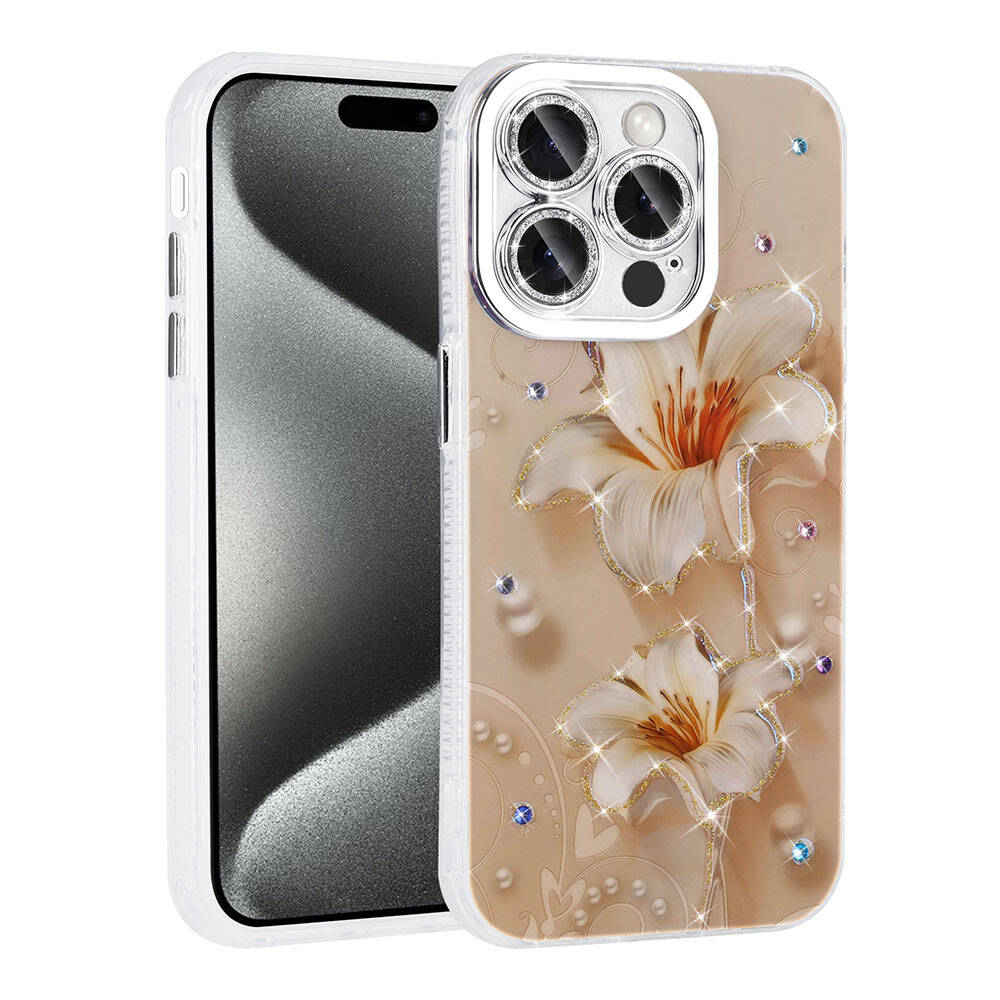 __vg|Pembe Açık|0|8680436785355-01|Apple iPhone 14 Pro Max Kılıf Çiçek Desenli Parlak Taşlı Sert Silikon Gordonix Garden Kapak