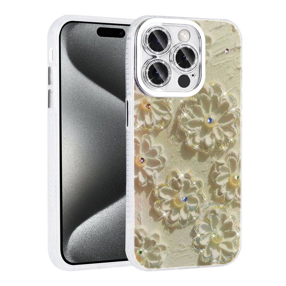 __vg|Beyaz|0|8680436785362-01|Apple iPhone 14 Pro Max Kılıf Çiçek Desenli Parlak Taşlı Sert Silikon Gordonix Garden Kapak