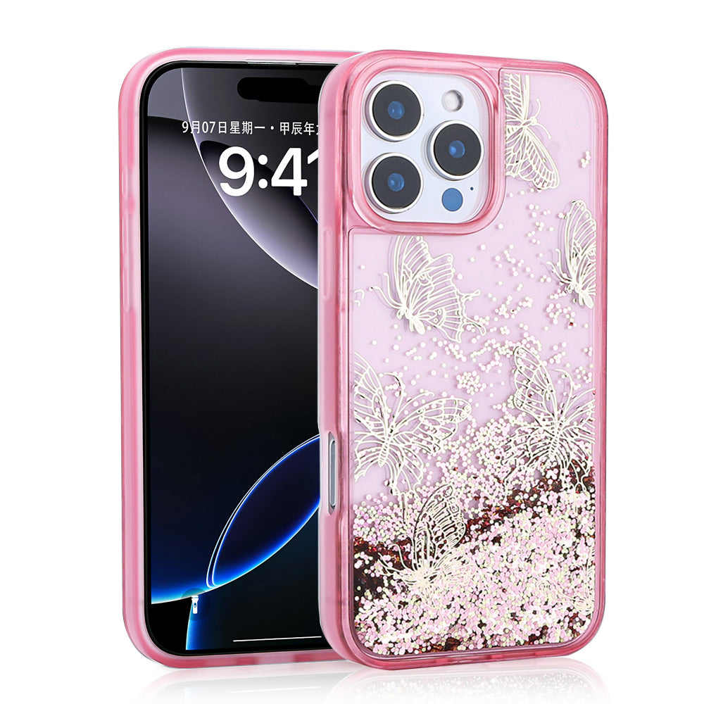 __vg|Pembe|0|8680436821961-01|Apple iPhone 14 Pro Max Kılıf Sıvılı Simli Kelebek Baskılı Şeffaf Arka Yüzey Gordonix Glis Silikon Kapak