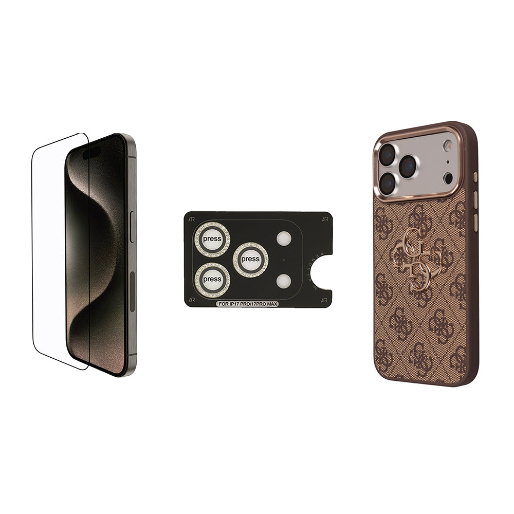 __vg|Kahverengi|0|8680436926215-01|Apple iPhone 17 Pro Max Guess Orjinal Lisanslı Büyük 4G ve Yazı Logolu Kılıf + Ekran Koruyucu + Lens Koruyucu 3in1 Aksesuar Seti