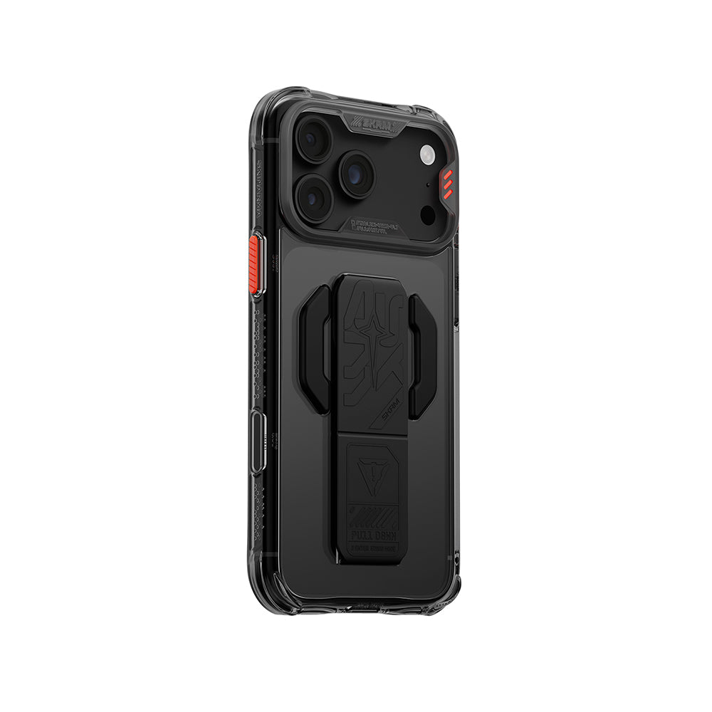 Apple iPhone 18 Pro Kılıf MagSafe Şarj Özellikli Teknoloji Desenli Skinarma Helio CE Mag Charge Standlı Kapak - Füme