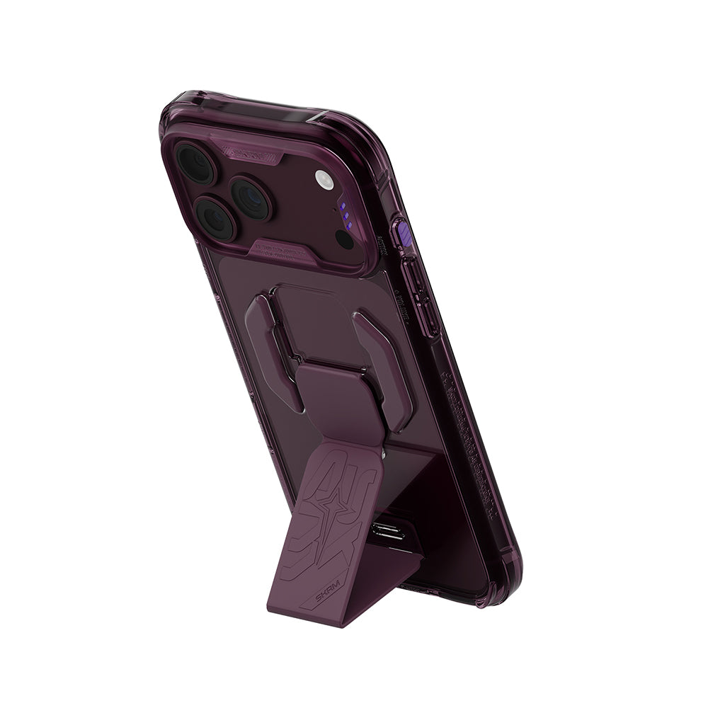 Apple iPhone 18 Pro Kılıf MagSafe Şarj Özellikli Teknoloji Desenli Skinarma Helio CE Mag Charge Standlı Kapak - Bordo