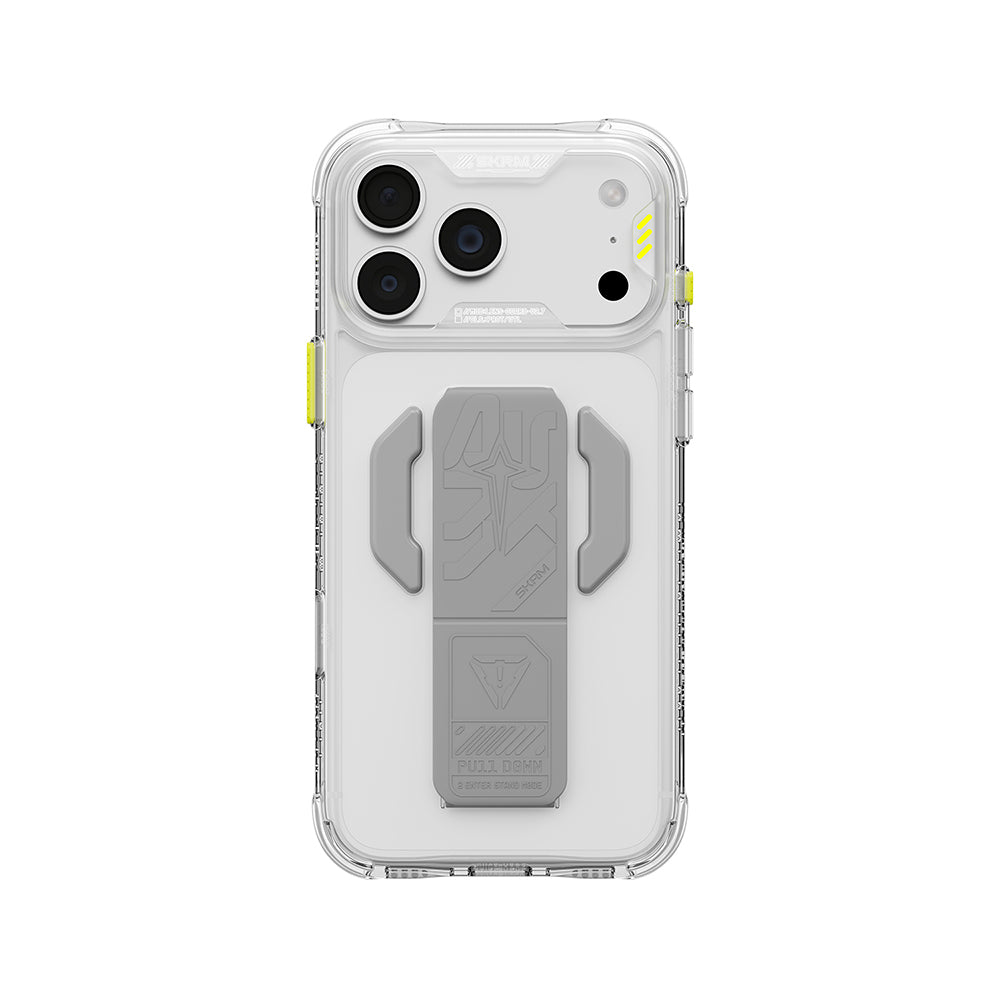 Apple iPhone 18 Pro Max Kılıf MagSafe Şarj Özellikli Teknoloji Desenli Skinarma Helio CE Mag Charge Standlı Kapak - Şeffaf