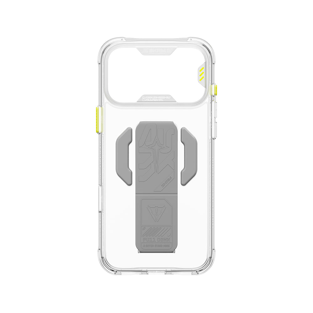 Apple iPhone 18 Pro Max Kılıf MagSafe Şarj Özellikli Teknoloji Desenli Skinarma Helio CE Mag Charge Standlı Kapak - Şeffaf