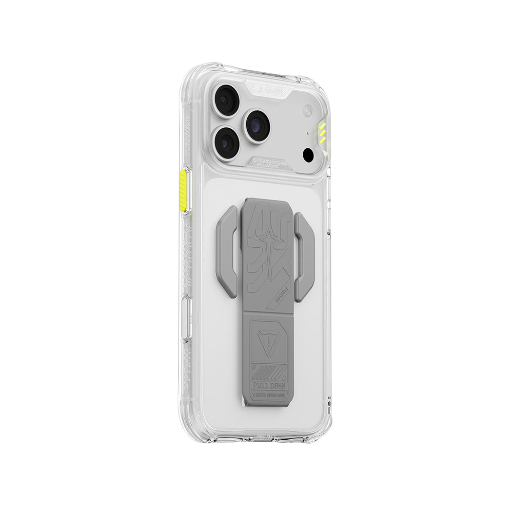 Apple iPhone 18 Pro Max Kılıf MagSafe Şarj Özellikli Teknoloji Desenli Skinarma Helio CE Mag Charge Standlı Kapak - Şeffaf
