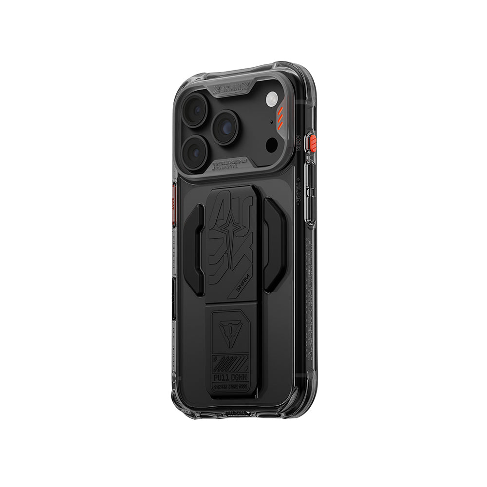 Apple iPhone 18 Pro Max Kılıf MagSafe Şarj Özellikli Teknoloji Desenli Skinarma Helio CE Mag Charge Standlı Kapak - Füme