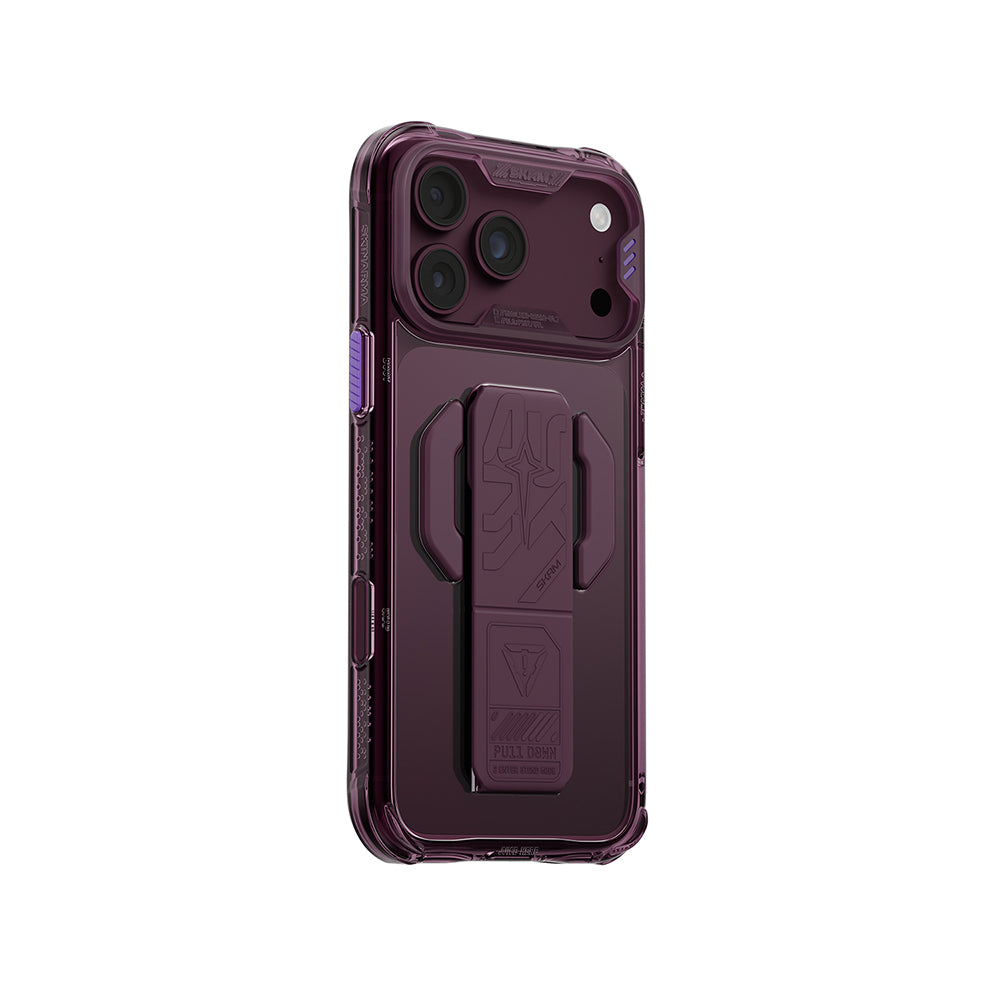 Apple iPhone 18 Pro Max Kılıf MagSafe Şarj Özellikli Teknoloji Desenli Skinarma Helio CE Mag Charge Standlı Kapak - Bordo