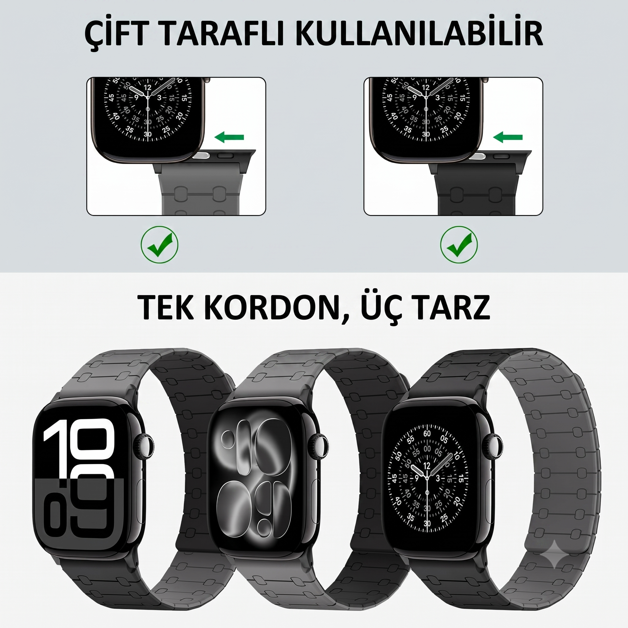 Apple Watch Uyumlu Çift Taraflı Mıknatıslı Silikon Kordon (49/46/45/44/42mm) - Ultra, Series 11/10/9/8 ve SE Uyumlu Kayış
