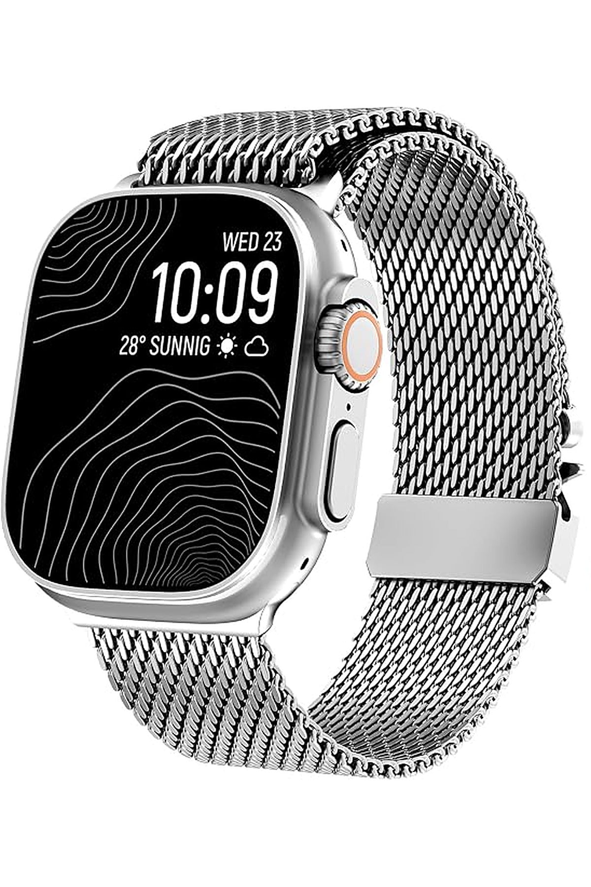 __vg|Gümüş|0|grd-milano-gumus-01|Apple Watch 44mm 45mm 46mm 49mm Gordonix Milano Serisi Paraşüt Tokalı Paslanmaz Çelik Hasır Kordon
