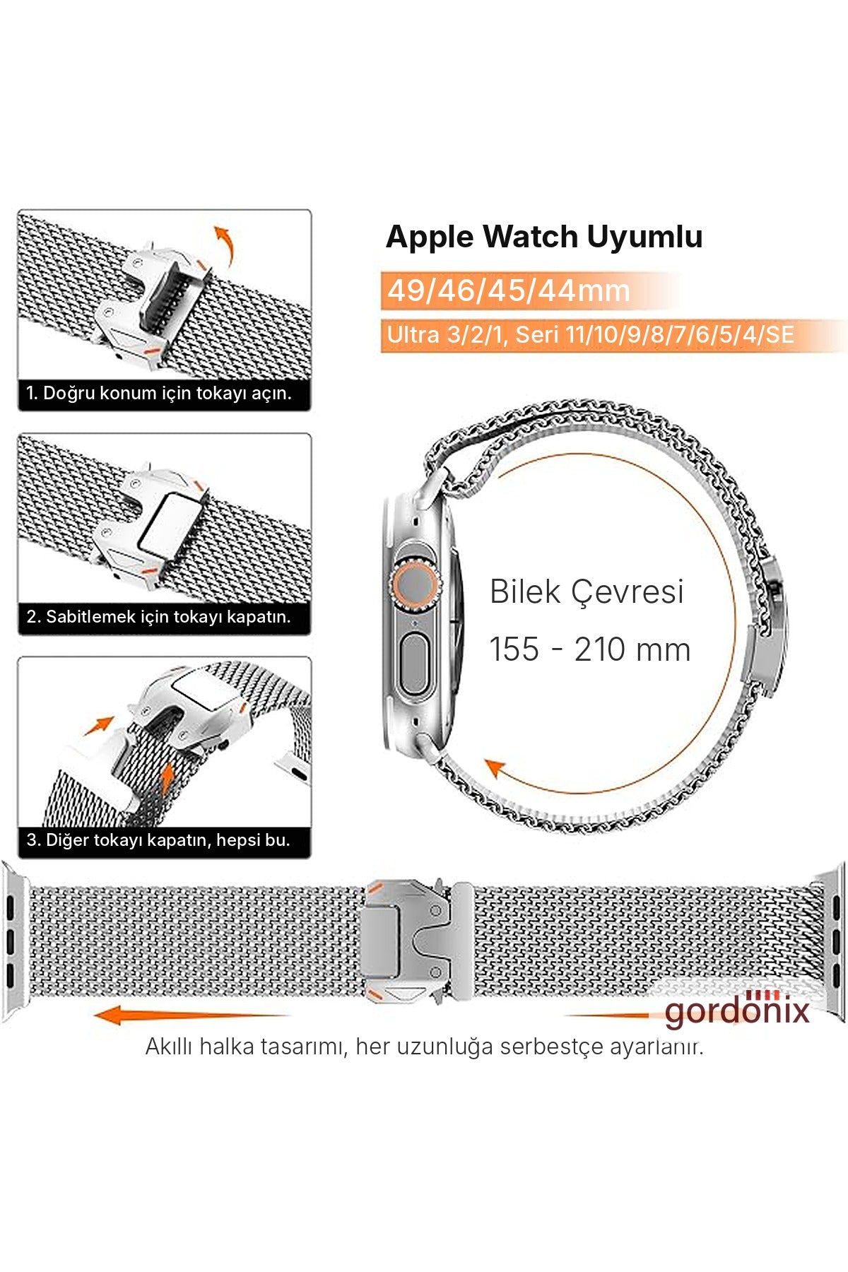 __vg|Gümüş|2|grd-milano-gumus-03|Apple Watch 44mm 45mm 46mm 49mm Gordonix Milano Serisi Paraşüt Tokalı Paslanmaz Çelik Hasır Kordon
