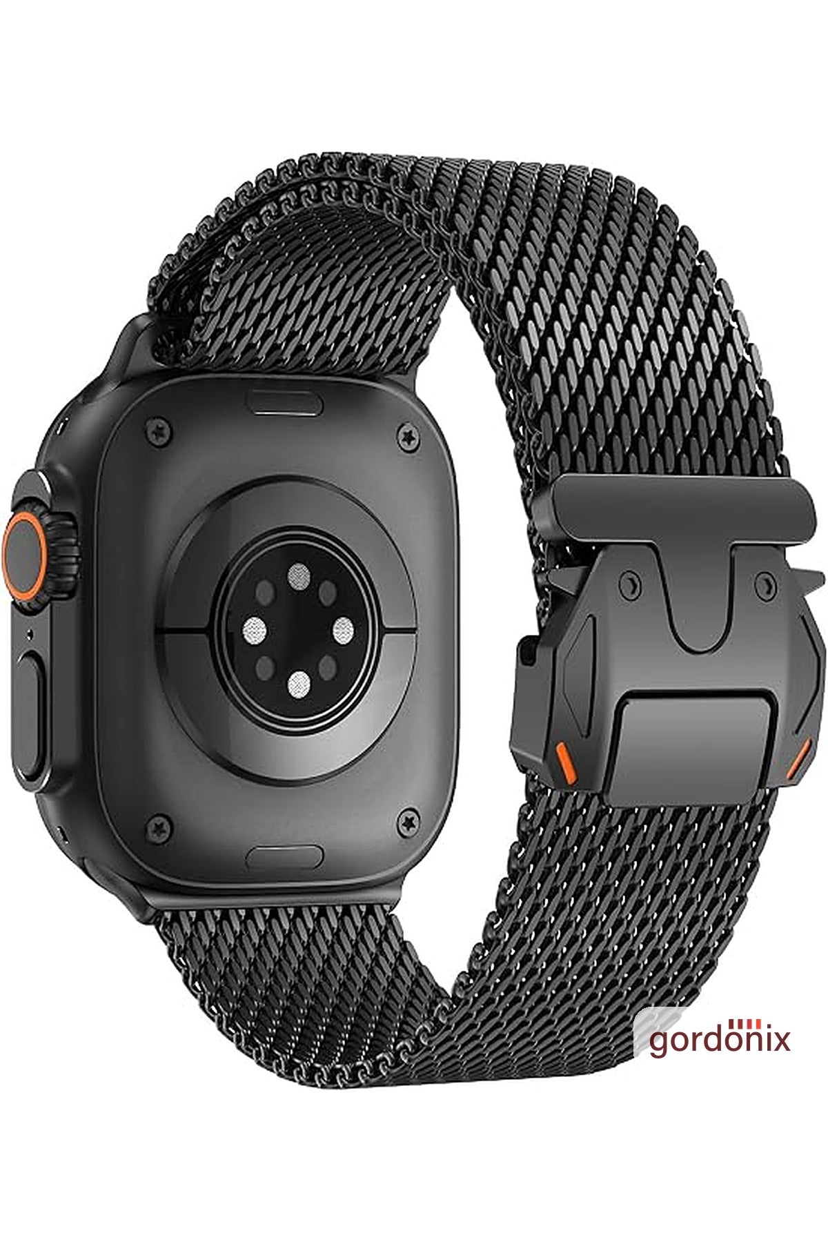 __vg|Siyah|1|grd-milano-siyah-02|Apple Watch 44mm 45mm 46mm 49mm Gordonix Milano Serisi Paraşüt Tokalı Paslanmaz Çelik Hasır Kordon