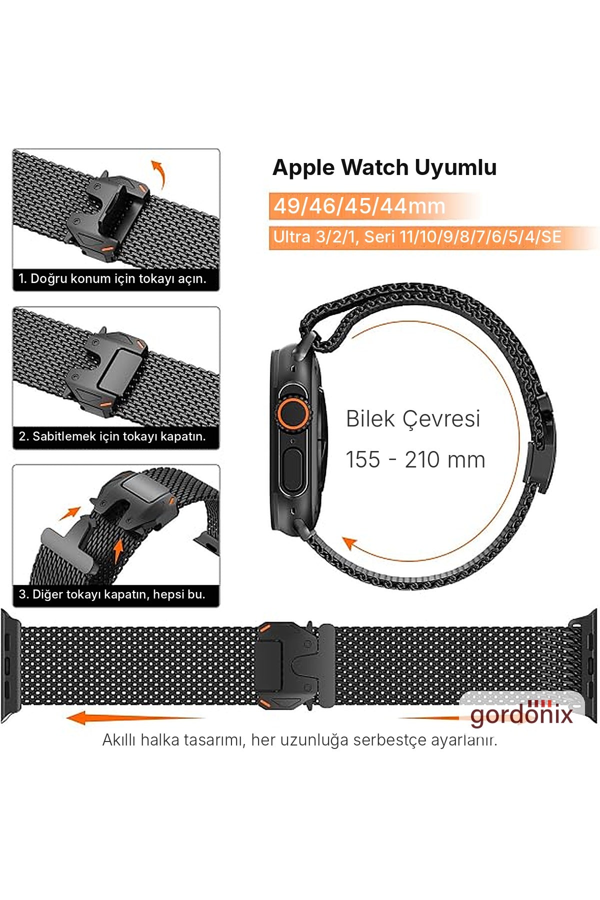 __vg|Siyah|2|grd-milano-siyah-03|Apple Watch 44mm 45mm 46mm 49mm Gordonix Milano Serisi Paraşüt Tokalı Paslanmaz Çelik Hasır Kordon