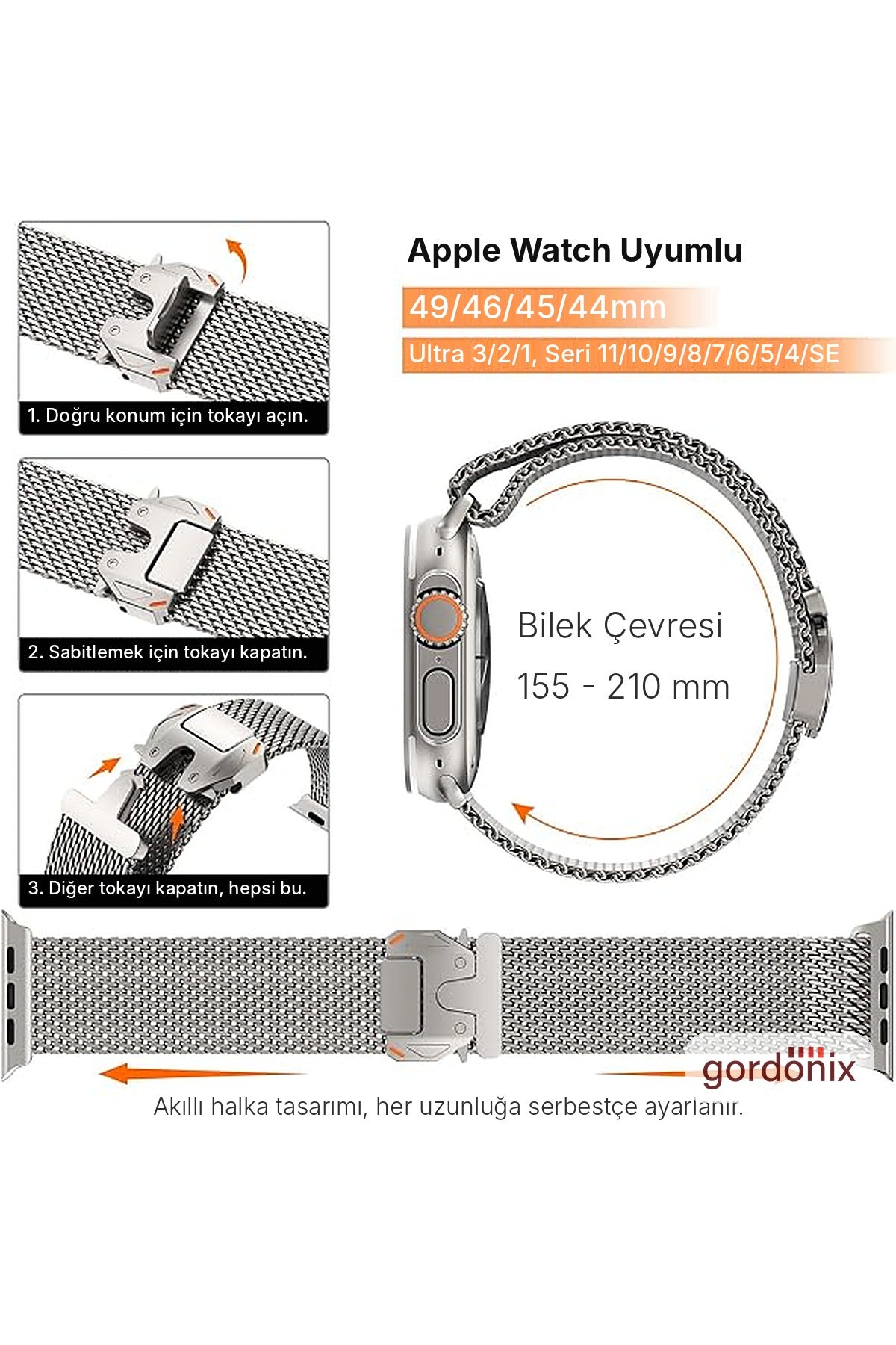 __vg|Titanyum|2|grd-milano-titanyum-03|Apple Watch 44mm 45mm 46mm 49mm Gordonix Milano Serisi Paraşüt Tokalı Paslanmaz Çelik Hasır Kordon